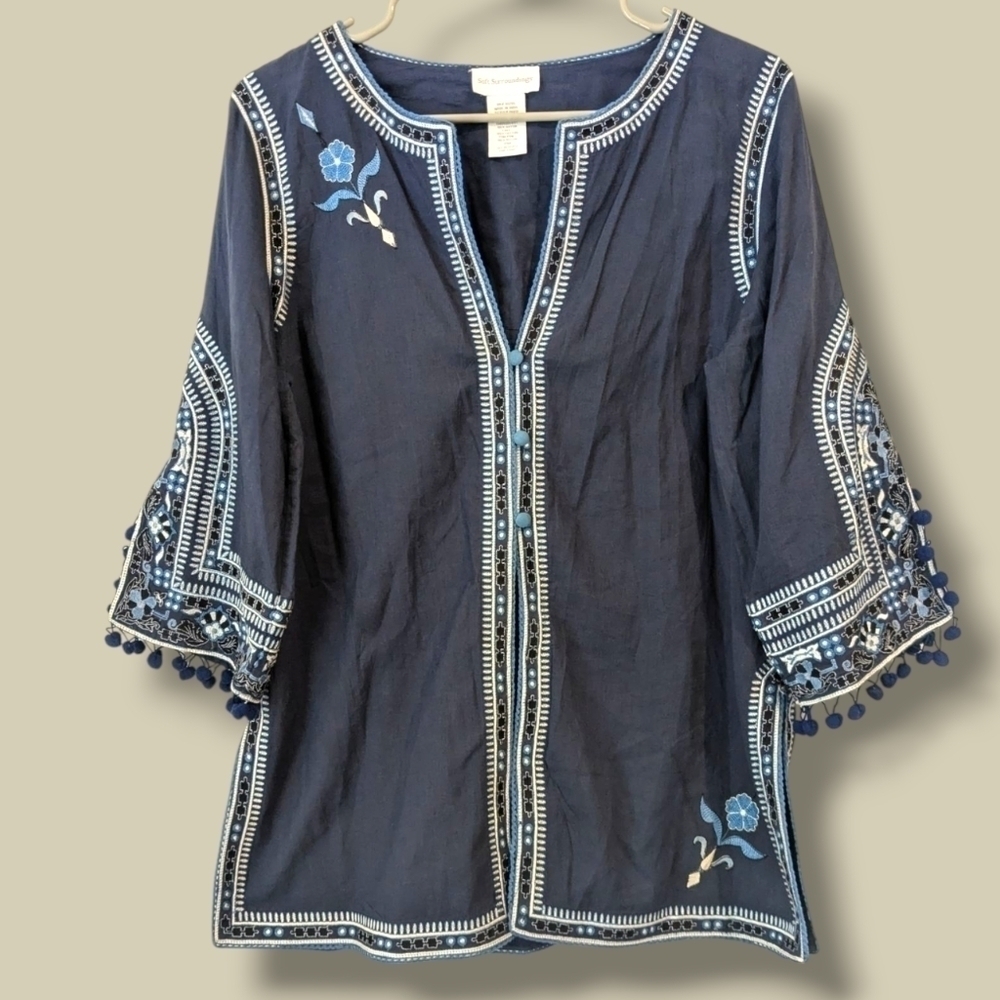 Soft Surroundings Petite Blue Floral Embroidered Pom Pom Cotton Button-Up Tunic